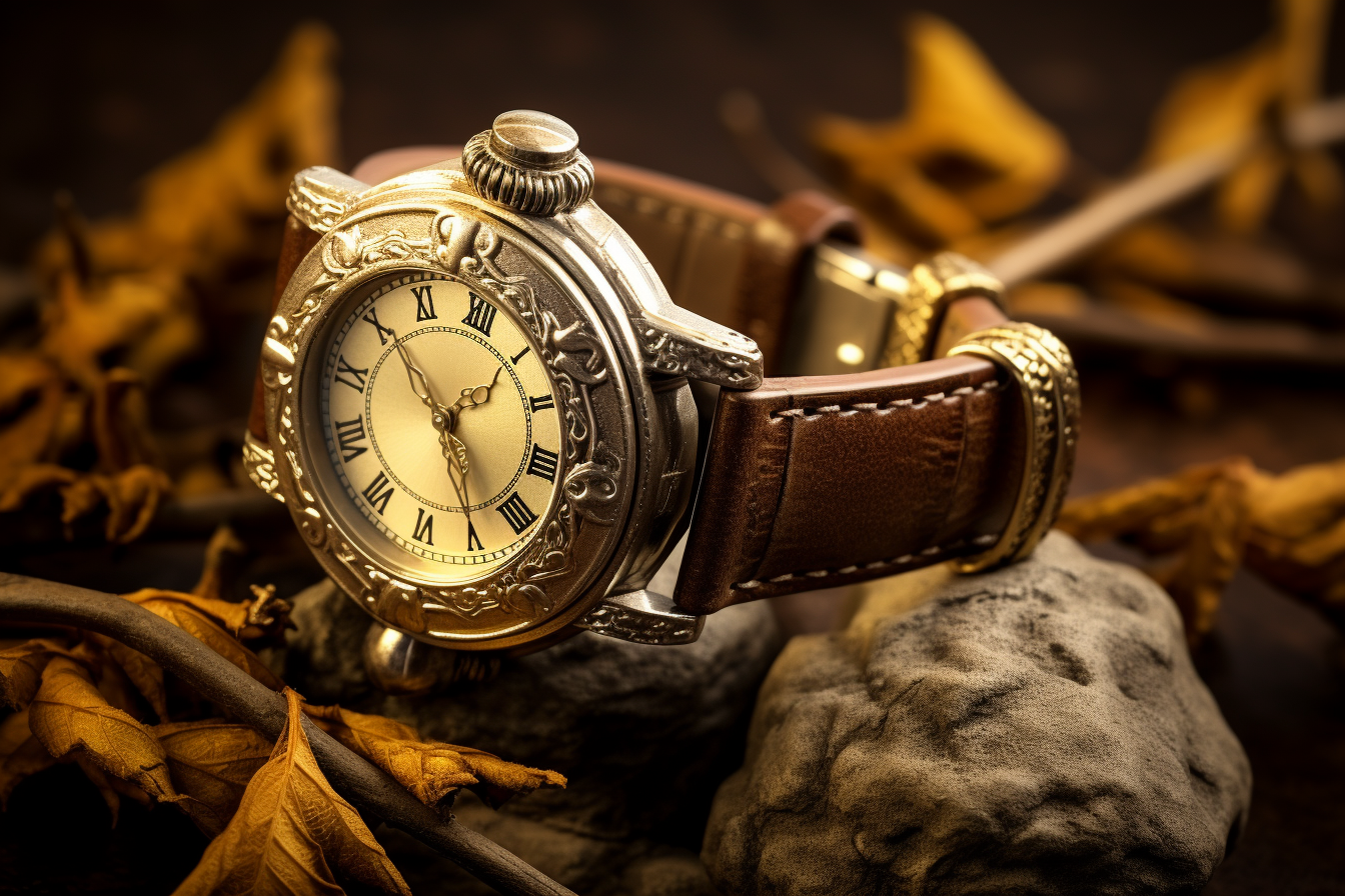 Nahaufnahme von verschiedenen Arten von Männerschmuck, darunter eine goldene Uhr, einen silbernen Ring und ein Lederarmband