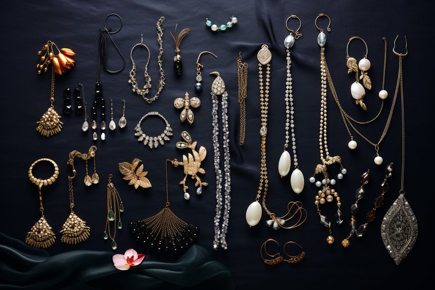 A beautifully arranged selection of party jewelry on a velvet background