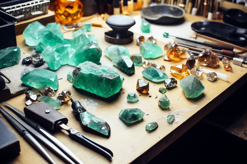 A DIY Chrysoprase jewelry project in progress, with various tools and materials laid out