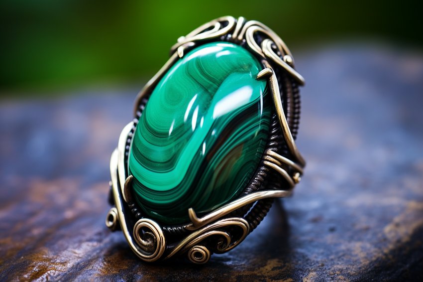 A DIY malachite jewelry piece, showcasing the stone's beauty and versatility in homemade creations.