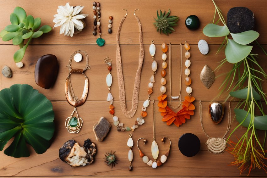 A beautiful assortment of eco-friendly jewelry displayed on a wooden background