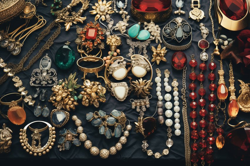 A beautiful assortment of various types of jewelry, including necklaces, bracelets, and earrings, displayed on a velvet background
