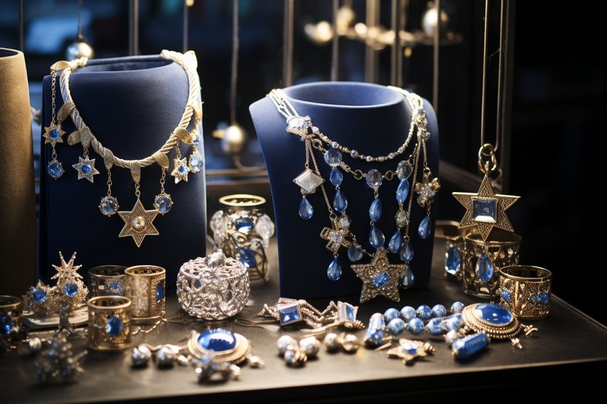 A beautiful display of Hanukkah jewelry including necklaces, bracelets, and earrings.