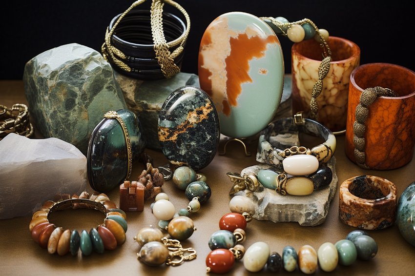 A beautiful display of various jasper jewelry pieces, including rings, necklaces, and bracelets.