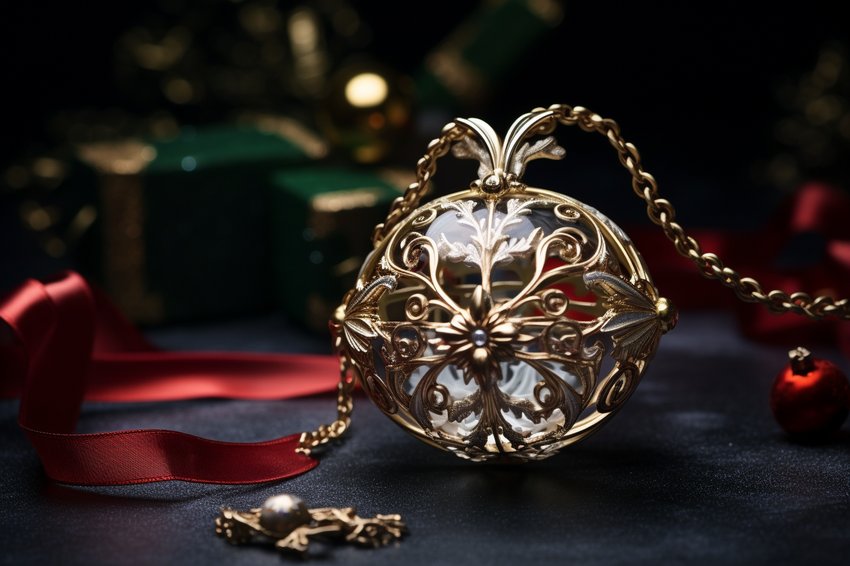 A beautifully wrapped piece of jewelry with a Christmas theme