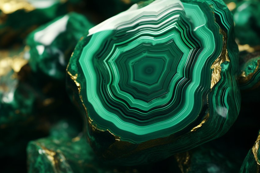 A close-up of a malachite stone, highlighting its intricate green patterns and glossy surface.