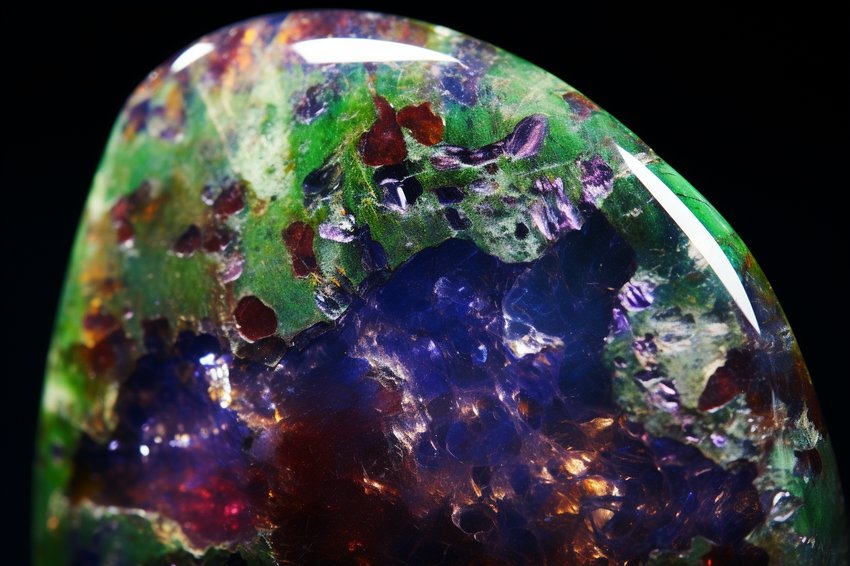A close-up shot of a Heliotrope gemstone, highlighting its distinctive green color with red specks.