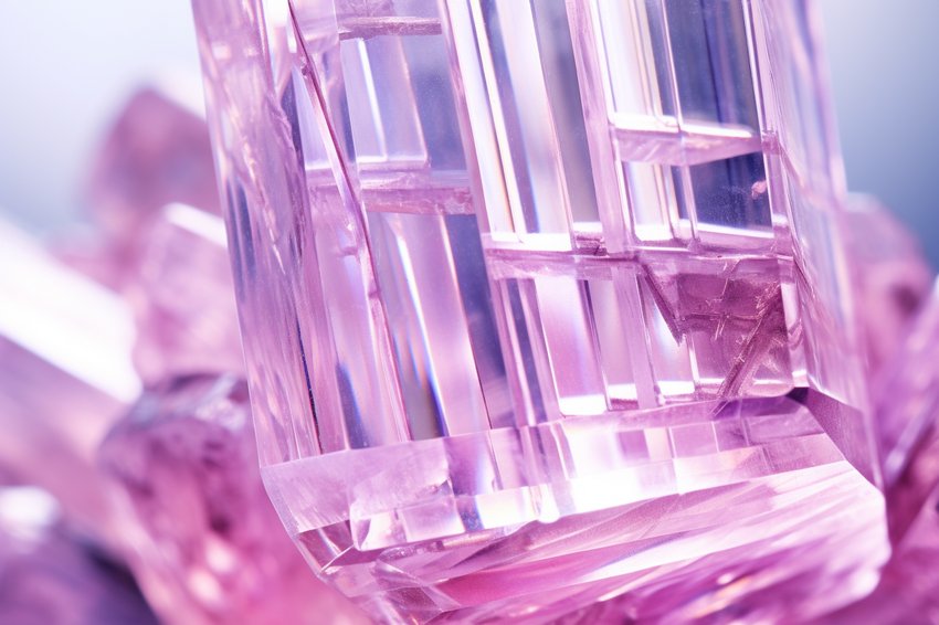 A close-up shot of a Kunzite gemstone, highlighting its clarity and color.
