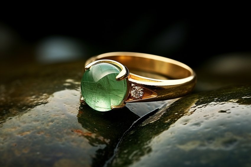 A close-up shot of a beautiful Aventurine gemstone set in a gold ring, reflecting light in various shades of green.