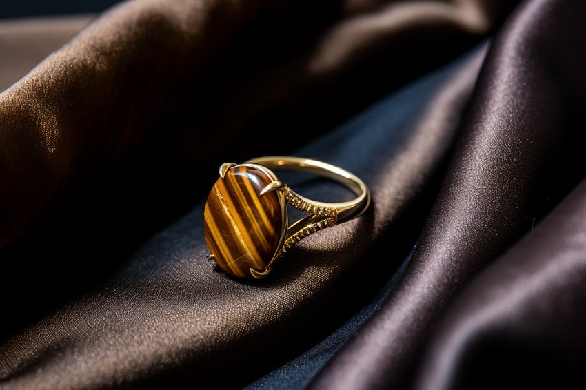 A close-up shot of a beautifully crafted Tiger's Eye ring on a velvet cushion