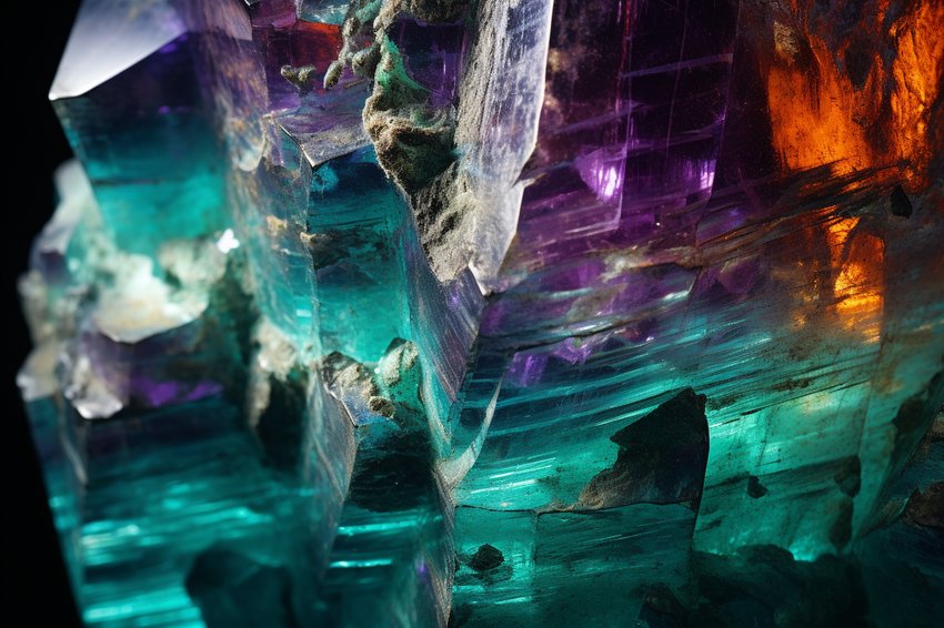 A close-up shot of a fluorite gemstone, showcasing its unique color patterns