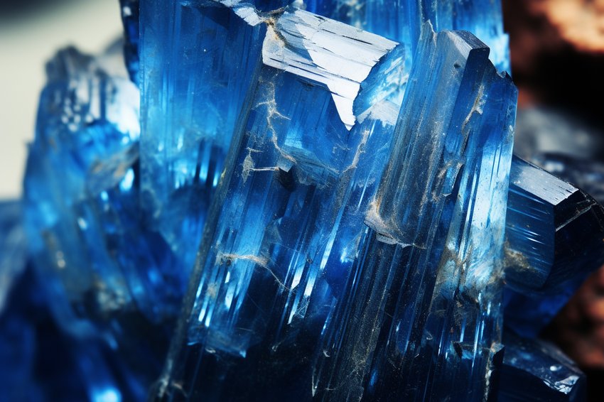 A close-up shot of a kyanite gemstone showing its unique blue color and crystalline structure