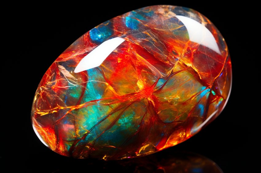 A close-up shot of a multi-colored opal stone, showcasing its unique pattern