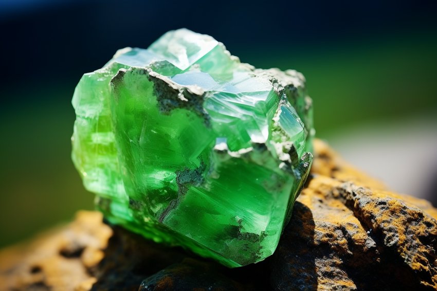 A close-up shot of a raw Chrysoprase stone, showcasing its unique green color