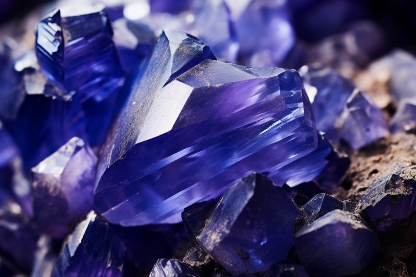 A close-up shot of a raw Tanzanite gemstone, showcasing its vibrant blue-violet color.