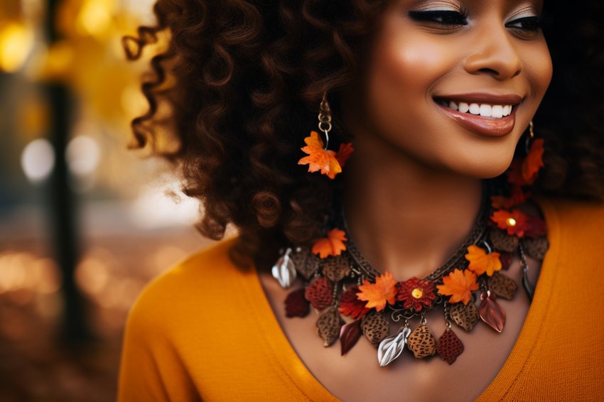A close-up shot of a woman wearing a Thanksgiving-themed necklace and earrings