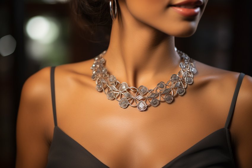 A close-up shot of a woman wearing a beautiful necklace, ready for her date night.