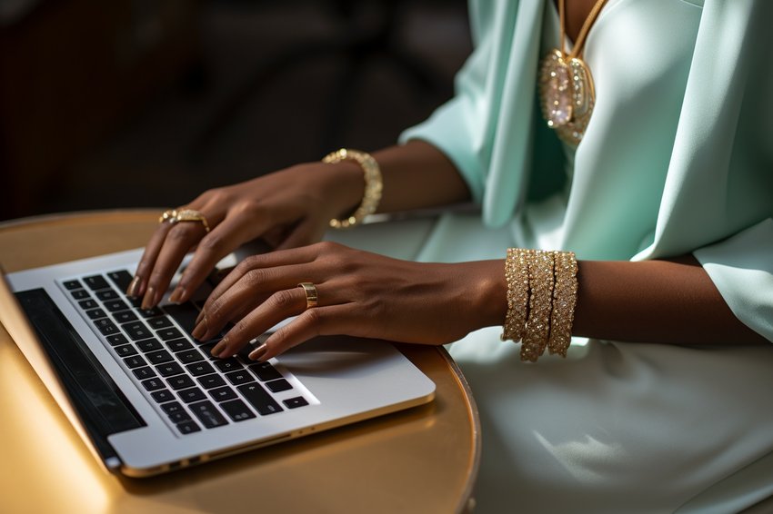 A close-up shot of a woman's hands typing on a keyboard, showing off her office-appropriate jewelry