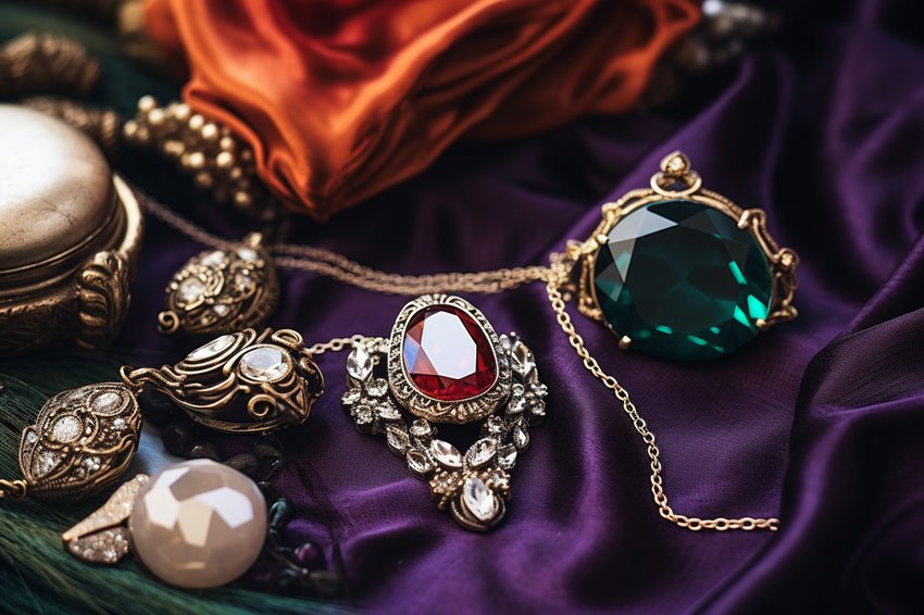 A close-up shot of the top 5 Advent jewelry pieces, beautifully arranged on a velvet cloth