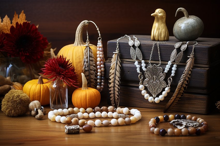 A collection of Thanksgiving-themed jewelry displayed on a rustic wooden table