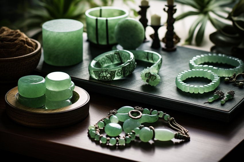 A collection of jade jewelry, including rings, bracelets, and earrings, displayed on a dark wooden table.