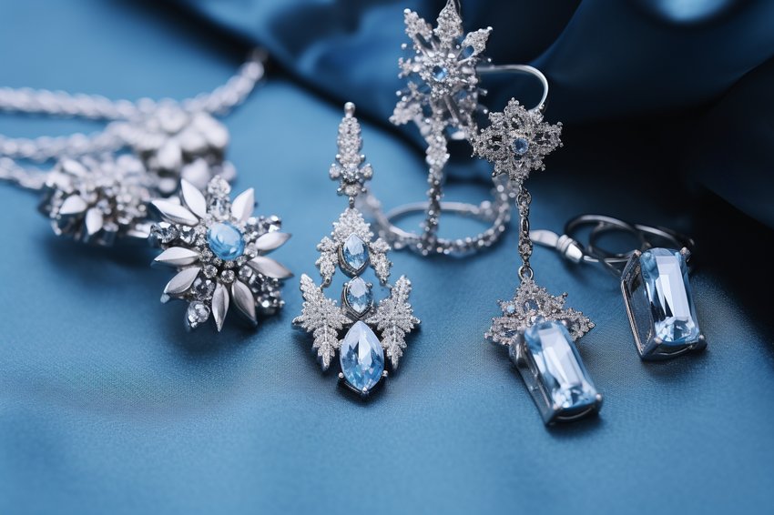 A collection of trendy winter jewelry pieces, including chunky silver bracelets, snowflake pendants, and crystal-studded earrings