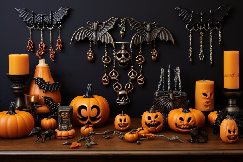 A collection of various Halloween-themed jewelry pieces, including skull earrings, pumpkin pendants, and bat bracelets.