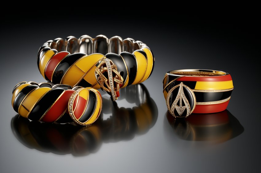 A collection of various pieces of jewelry designed with the colors of the German flag.