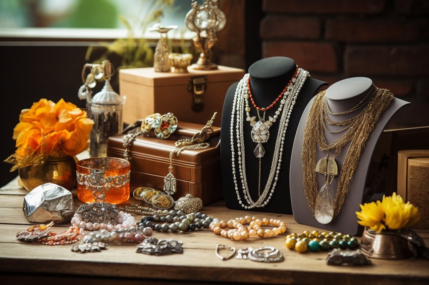 A collection of various pieces of jewelry, including necklaces, bracelets, and earrings, displayed on a wooden table.