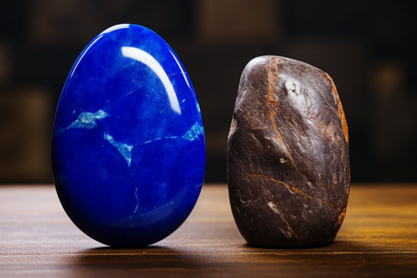 A comparison image showing a real Lapislazuli stone next to a fake one, highlighting the differences.