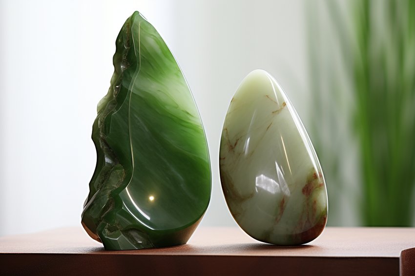 A comparison image showing a real Nephrite piece next to a fake one, highlighting the differences in color and texture.