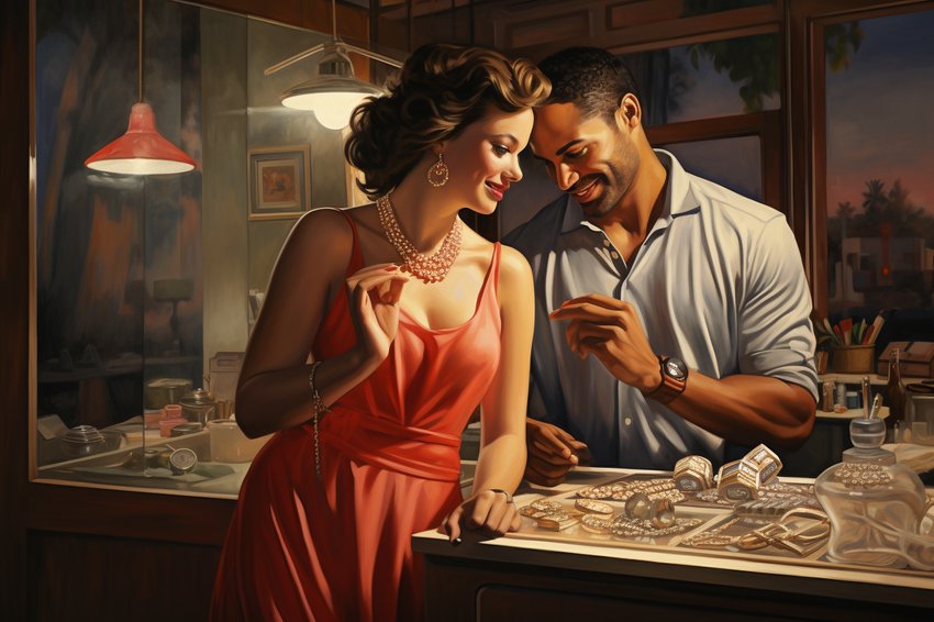 A couple getting ready for a date night, with a focus on the woman choosing her jewelry.