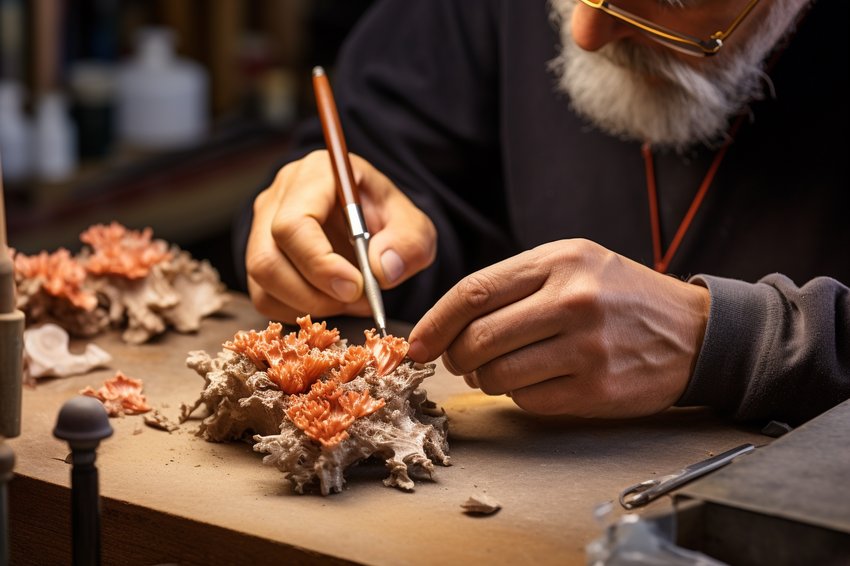 A craftsman carefully shaping a piece of coral into a beautiful jewelry piece