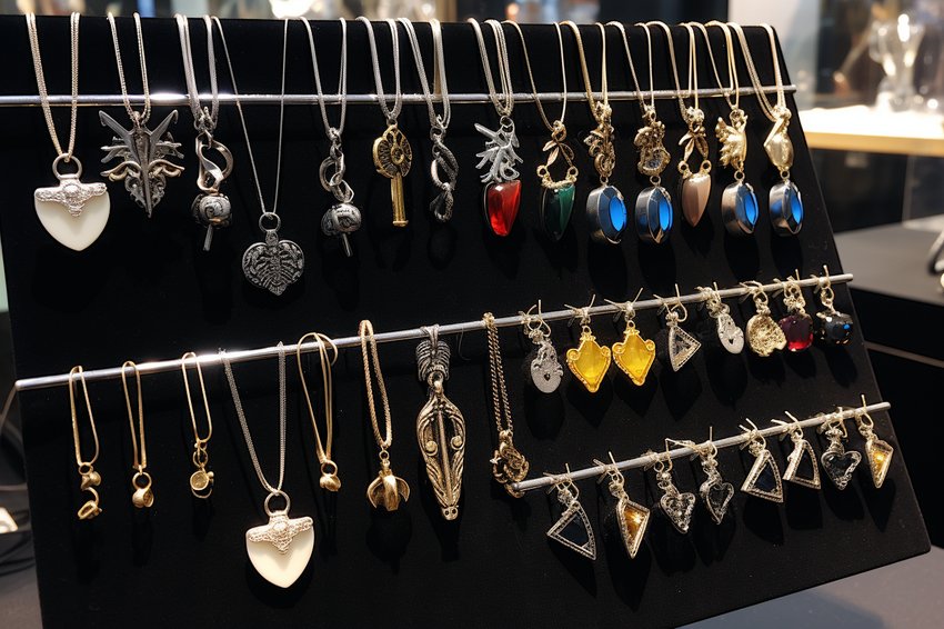 A display of various pieces of concert jewelry available for purchase online and in local stores.