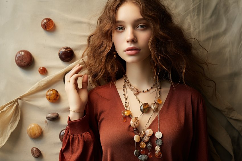 A fashion-forward individual wearing Mookaite jewelry, highlighting how the gemstone can be styled with different outfits.