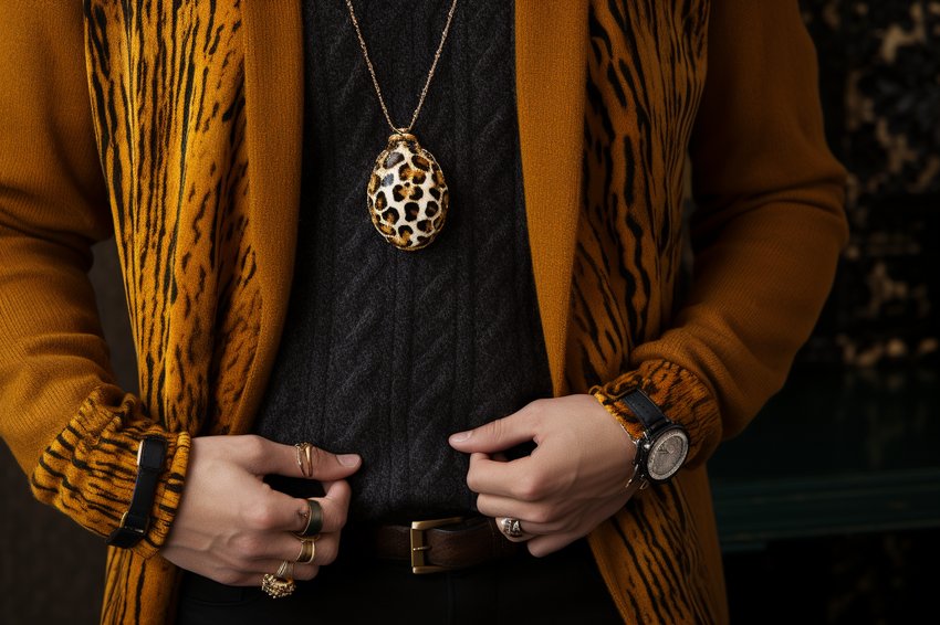 A fashion-forward individual wearing a Tiger's Eye necklace paired with a chic outfit