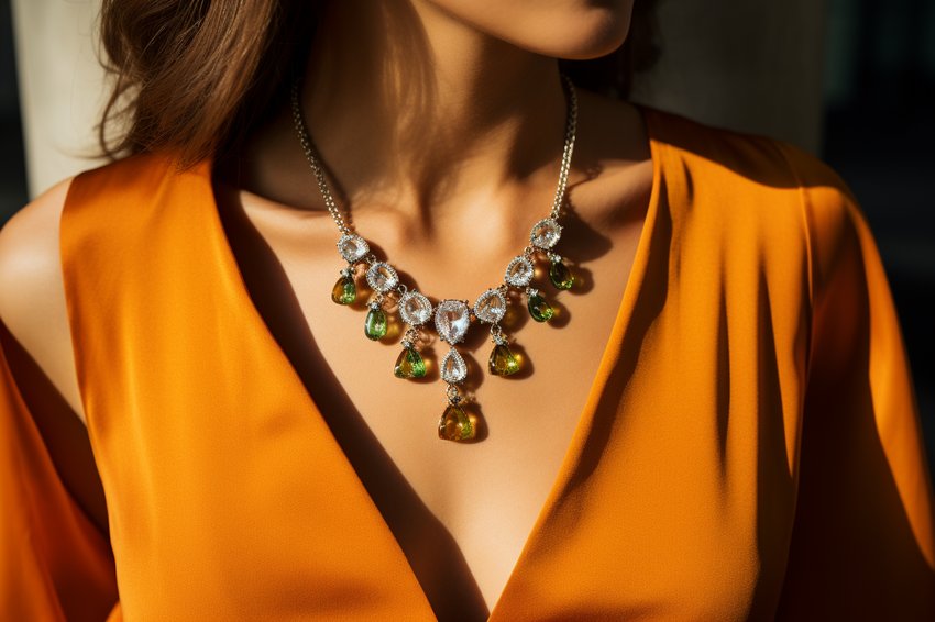 A fashion-forward individual wearing a topaz necklace, demonstrating how to style the gem with modern outfits.