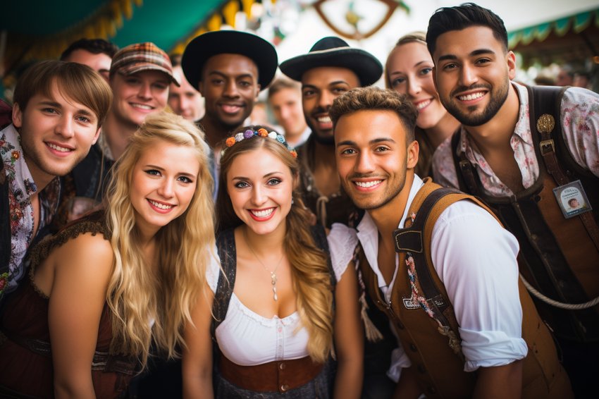 A group of people at Oktoberfest, highlighting their traditional Bavarian jewelry