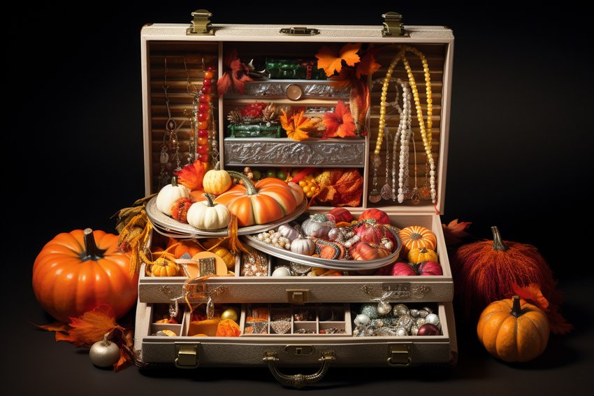 A jewelry box filled with Thanksgiving-themed jewelry pieces