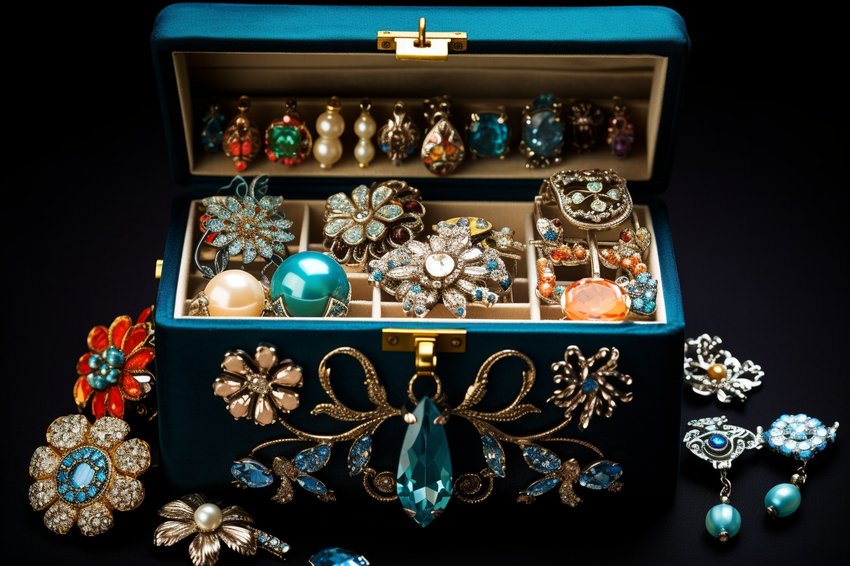 A jewelry box filled with a variety of New Year's jewelry pieces