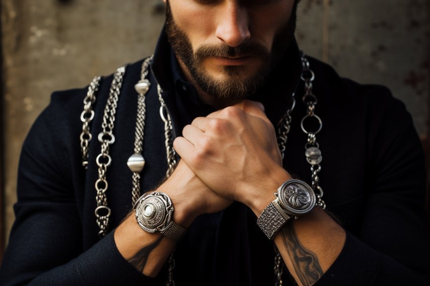 A man demonstrating how to stylishly wear men's jewelry.