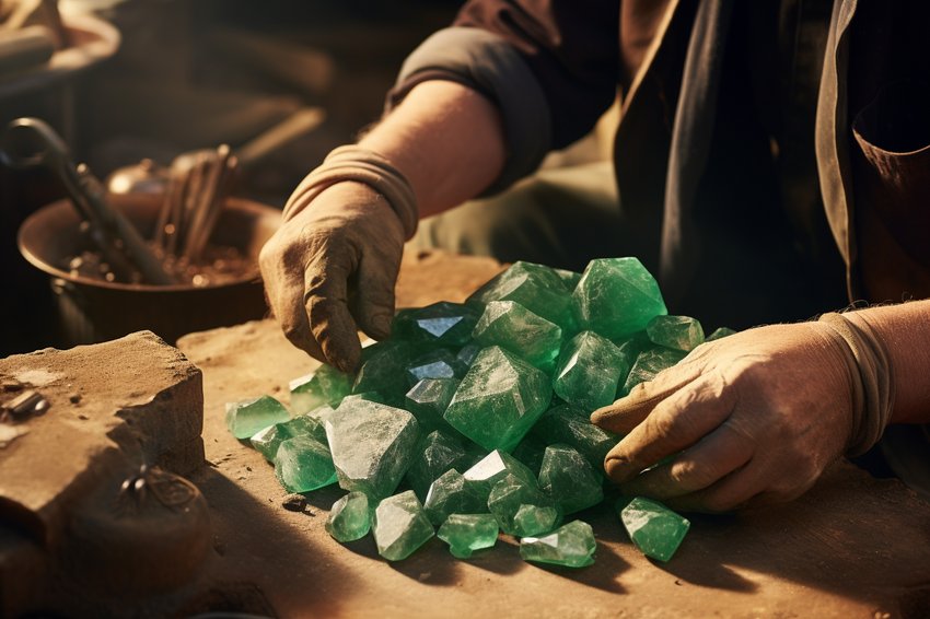 A miner carefully extracting Aventurine from a rock formation, showcasing the raw beauty of the gemstone.