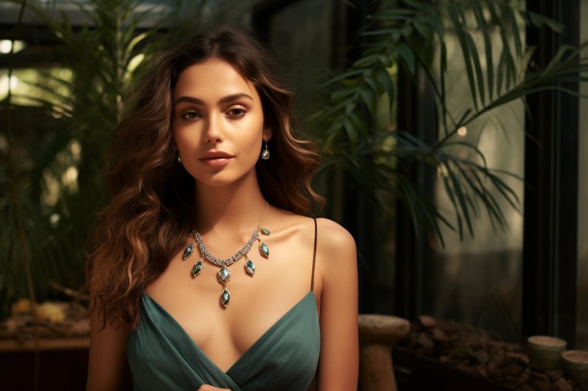 A model wearing a labradorite necklace, showing how it can be styled with different outfits