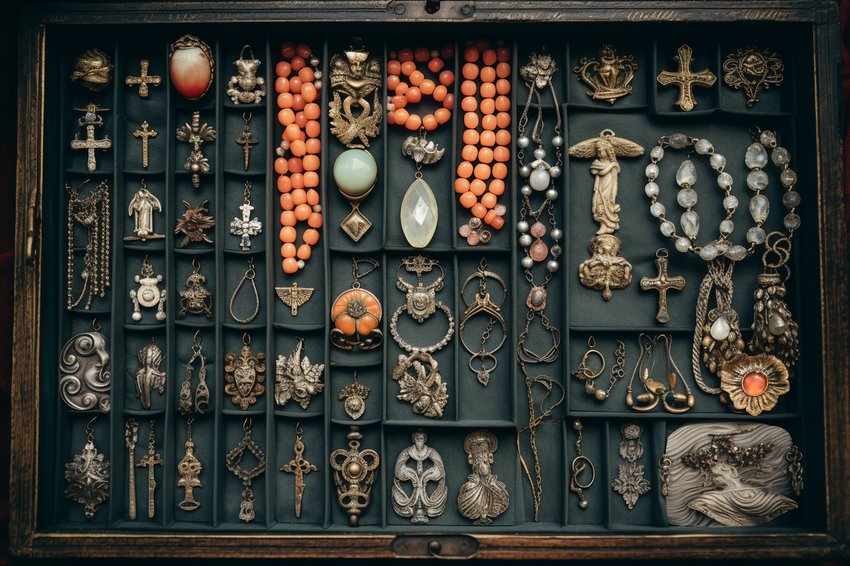 A neatly organized jewelry box containing All Saints' Day jewelry pieces