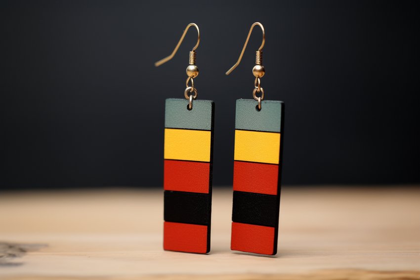 A pair of handmade earrings featuring the German flag.