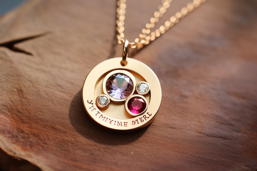 A personalized necklace with engraved names and birthstones
