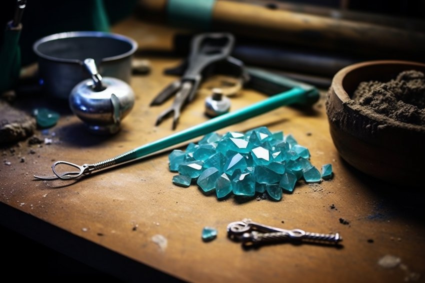 A step-by-step guide on making a simple turquoise necklace, with all the necessary tools and materials laid out.