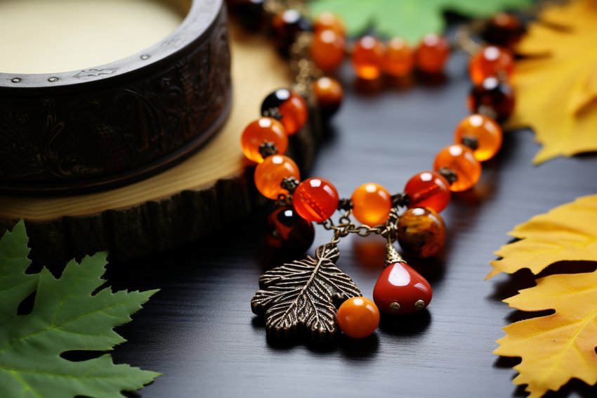 A step-by-step guide showing how to make a DIY autumn-themed necklace with leaves, acorns, and beads.
