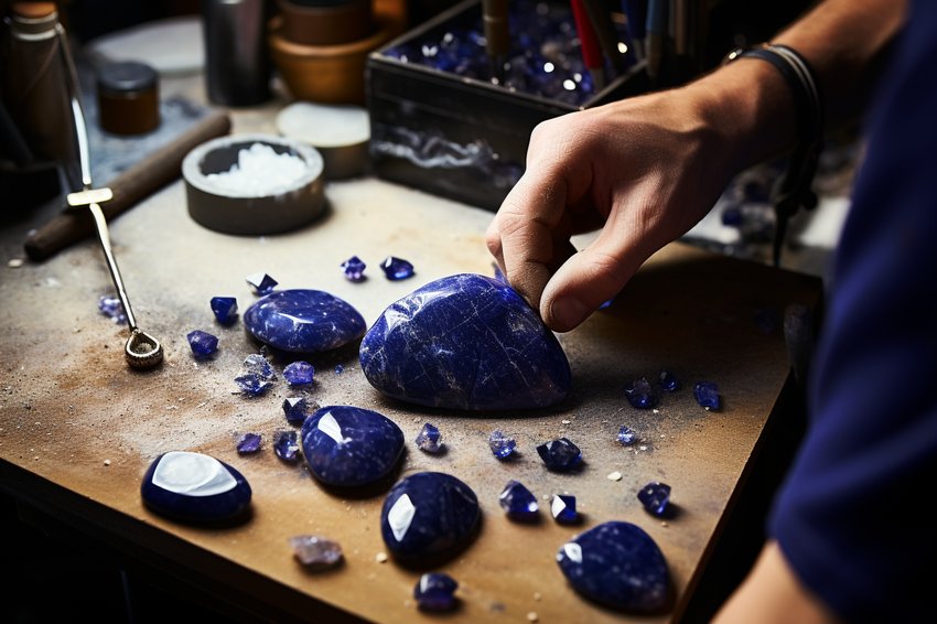 A step-by-step guide showing the process of making a Lapislazuli necklace, from selecting the stone to the final product.