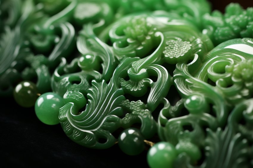 A stunning close-up shot of a jade necklace, showcasing its vibrant green color and intricate design.